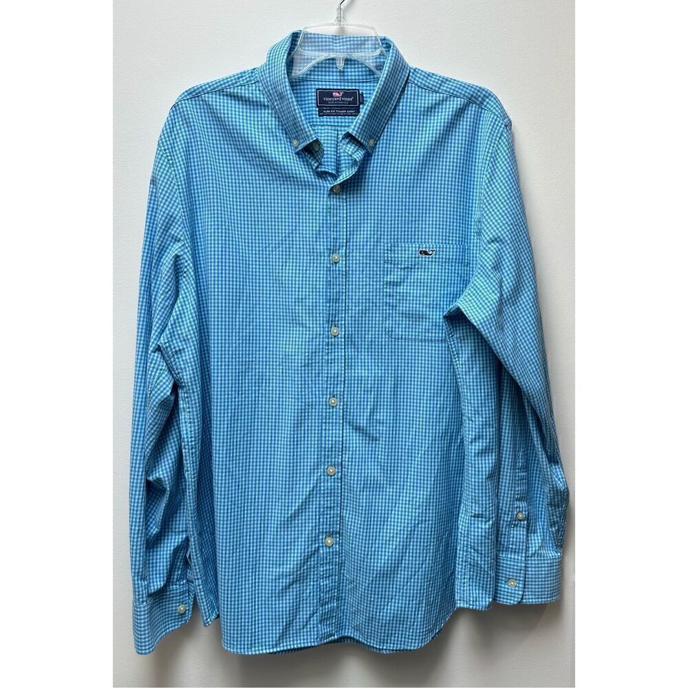 Vineyard Vines men’s slim fit blue green plaid button up shirt size XL #36-1248